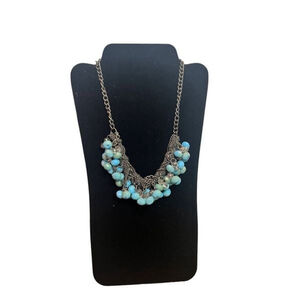 Multilayered Pewter Chain and Teal Charm Necklace